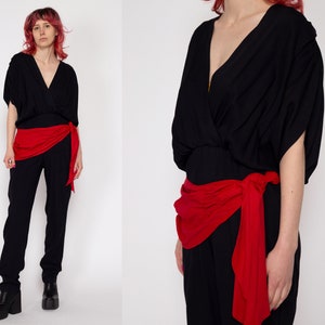 Small 80s Black Red Sash Jumpsuit Vintage Slouchy V Neck Blouson Pantsuit image 1