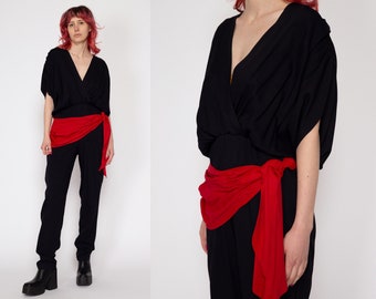 Small 80s Black Red Sash Jumpsuit | Vintage Slouchy V Neck Blouson Pantsuit