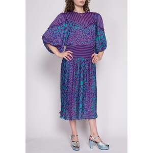 Small 80s Susan Freis Boho Designer Dress Vintage Purple Blue Georgette Balloon Sleeve Striped Midi Dress image 3