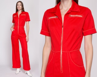 Small 70s Mod Red Jumpsuit | Vintage Boiler Suit Zip Front Retro Disco Pantsuit