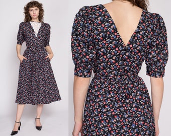 Small 80s Lanz Originals Floral Puff Sleeve Midi Dress | Vintage Lace V Neck Low Back Fit & Flare Pocket Dress