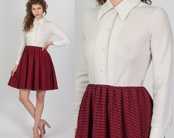 XS-Sm 70s Fit & Flare Plaid Mini Dress | Vintage Button Up Long Sleeve Dress