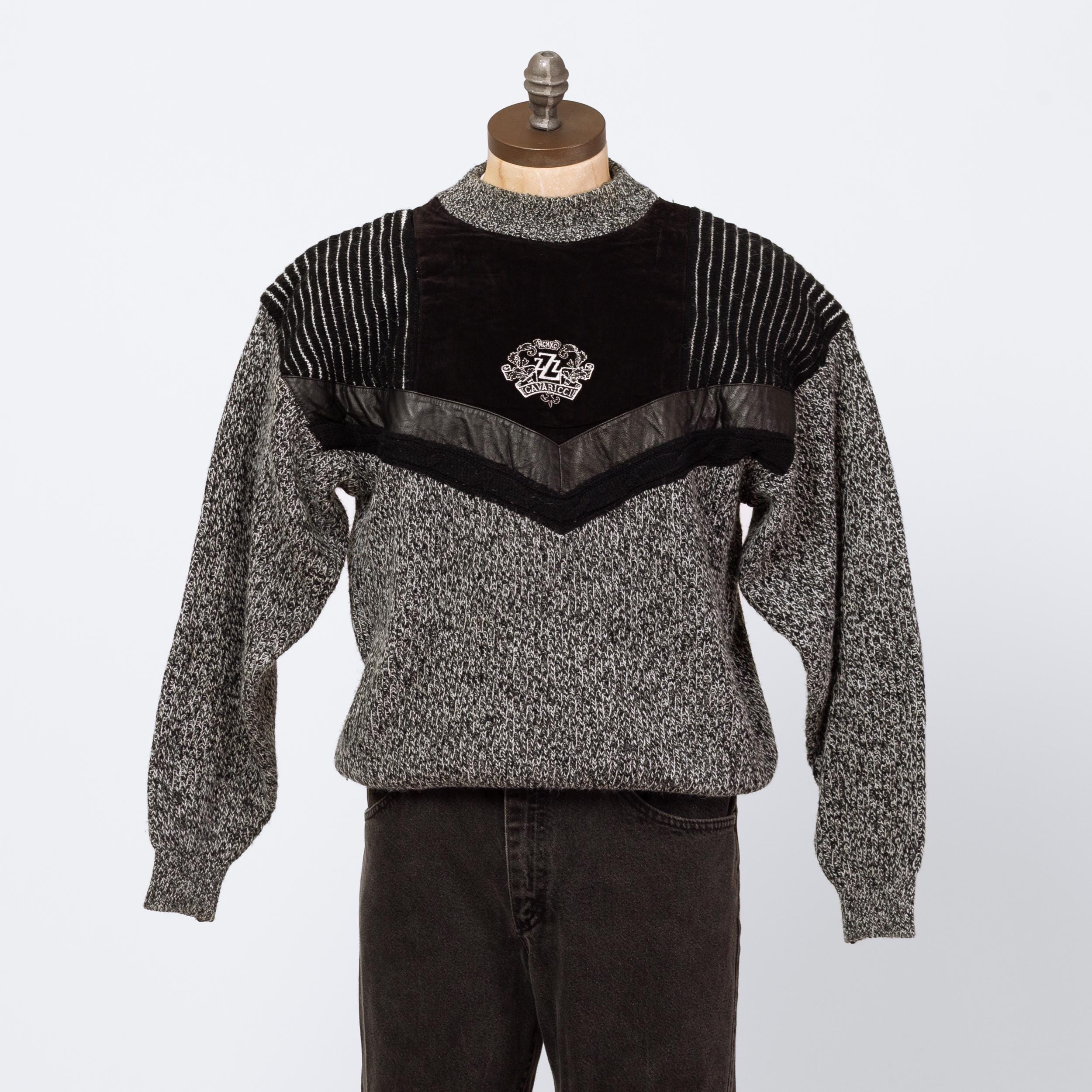 Vintage 80s Salt & Pepper Marled Knit Leather Trim Sweater - Small