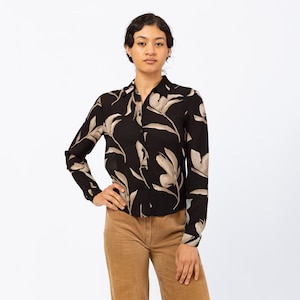 Vintage 90s Silk Black & Taupe Floral Blouse - Small | Long Sleeve Shirt, Collared Leaf Print Top