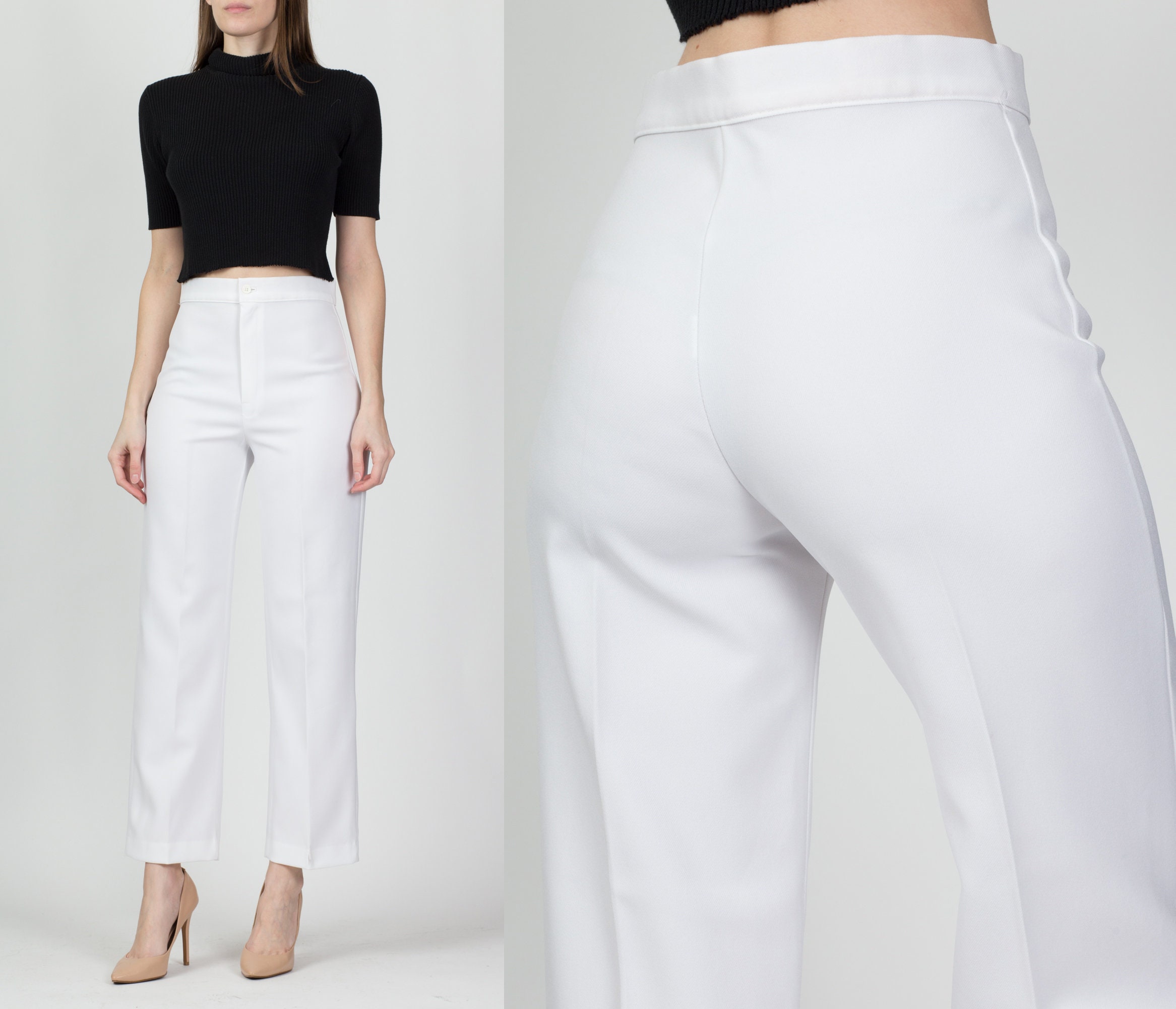 70s White Button Fly High Waisted Pants - Small, 25.5