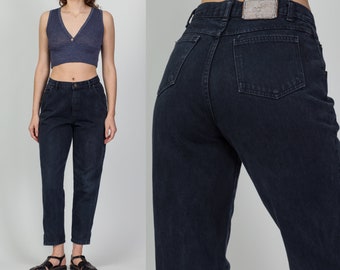 Vintage Faded Dark Navy Blue High Waist Jeans Petite Medium, 28.5" | 80s 90s Ankle Zip Denim Tapered Leg Mom Jeans