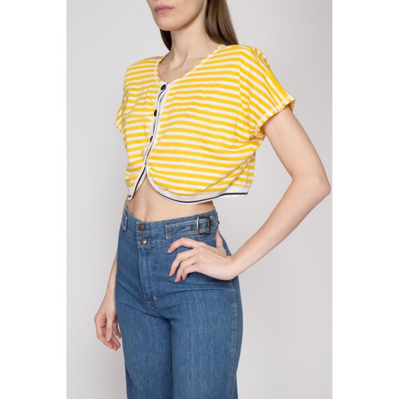 Large 80s Yellow Striped Button Up Crop Top | Ret… - image 4