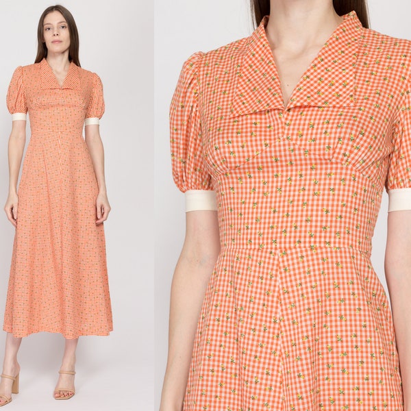 XXS-XS 60s Orange Gingham Floral Prairie Maxi Dress | Vintage Boho  Puff Sleeve Hippie Gown