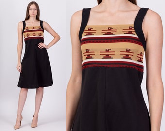 70s Eagle Totem A-Line Midi Dress Small | Vintage Knit Bodice Retro Sleeveless Disco Dress