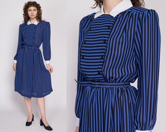 80s Black & Blue Striped Secretary Midi Dress Medium | Vintage Belted Double Breasted Long Sleeve Collared Dress