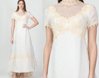 Vintage 70s William Cahill Wedding Gown, As Is Extra Small | Vintage Chiffon Lace Trim Short Sleeve Boho Train Bridal Dress