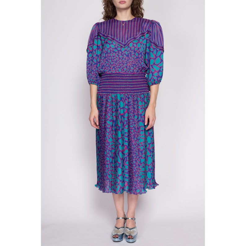 Small 80s Susan Freis Boho Designer Dress Vintage Purple Blue Georgette Balloon Sleeve Striped Midi Dress image 2