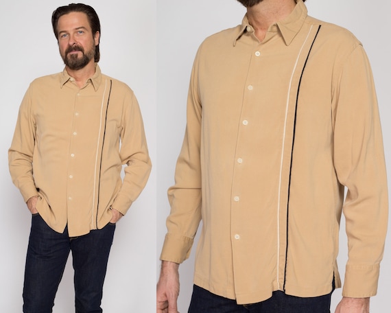 Medium 90s Geoffrey Beene Tan Ribbed Silk Shirt |… - image 1