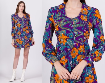 Sm-Med 60s Purple Floral Dagger Collar Babydoll Dress Petite | Vintage Long Sleeve Empire Waist Retro Collared Mini Dress