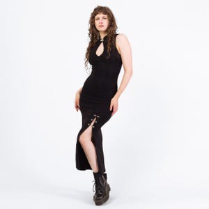Vintage 90s Punk Black Safety Pin Maxi Dress - Small | Liz Hurley Red Carpet Versace Inspired Gown