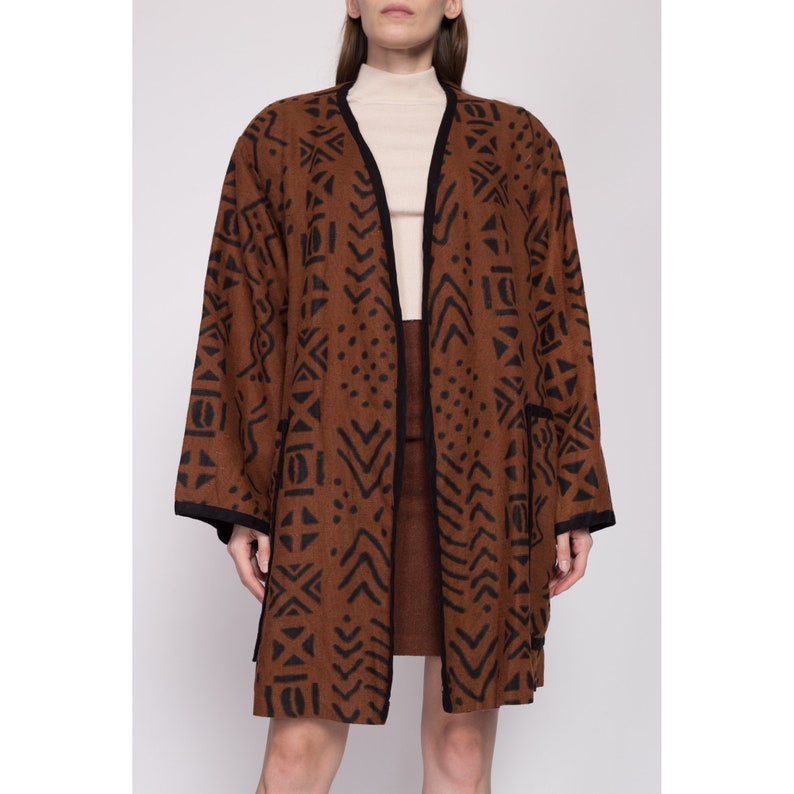 One Size 80s Boho Brown Linen Open Fit Jacket Vintage Fixsun Tribal Print Lightweight Coat image 2