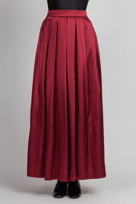 70s Burgundy Satin Pleated Maxi Skirt Extra Small… - image 2