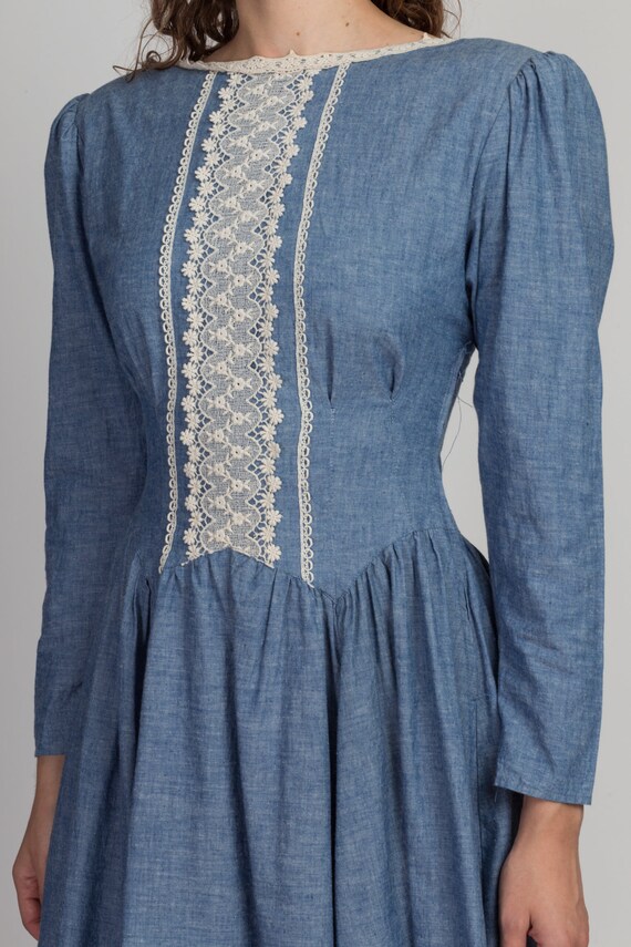 Gunne Sax Dress 70s Chambray & Lace Cottagecore Dress… - Gem