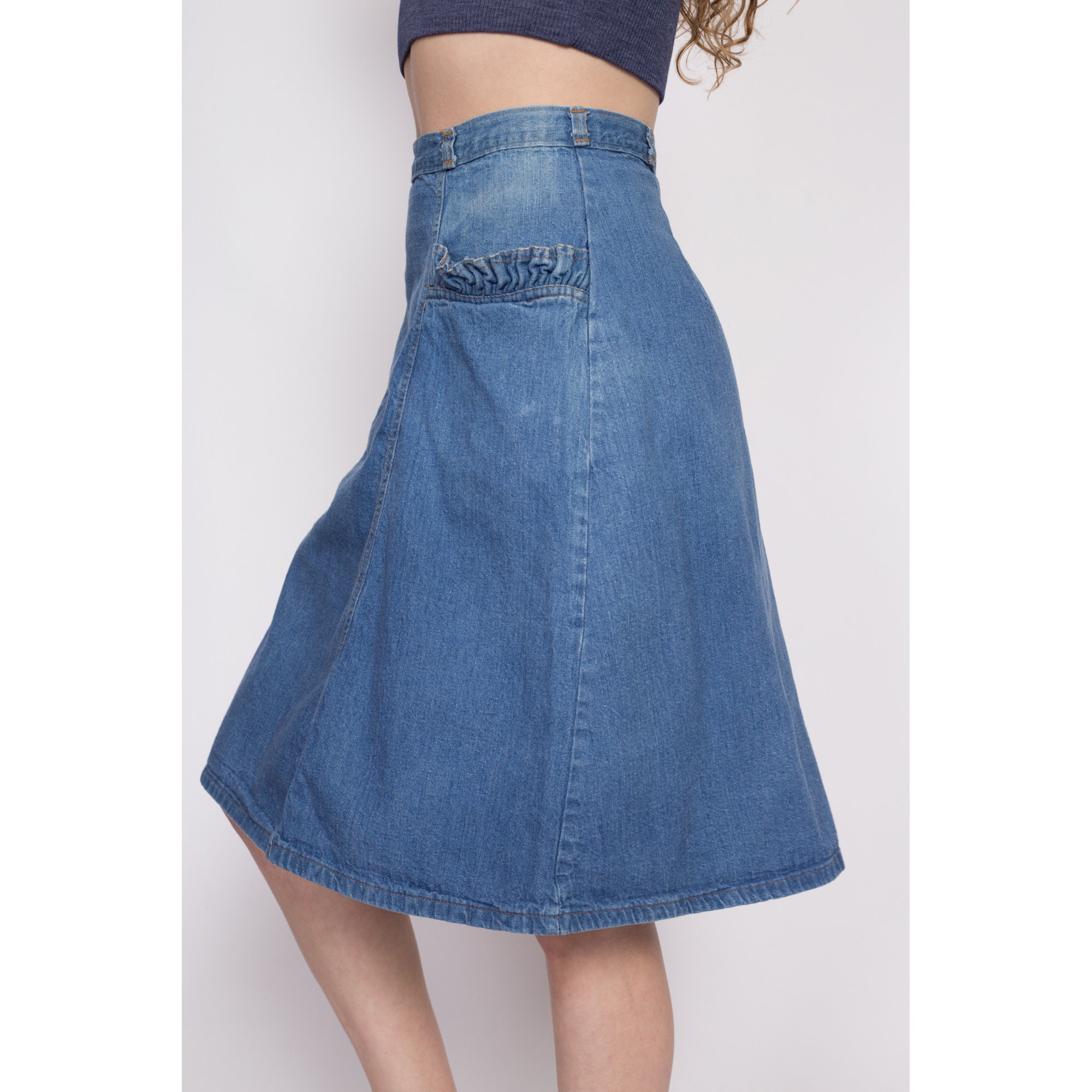Small 70s Denim Ruffle Pocket A-line Skirt 27 Small 70s Denim Ruffle Pocket A-line Skirt 27
