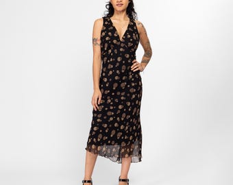 Medium 90s Y2K Black & Brown Silk Bubble Print Bias Cut Maxi Dress | Vintage Sleeveless V Neck Cocktail Party Dress, Wedding Guest Dress