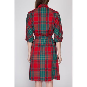 Large 60s Red & Green Plaid Belted Ascot Shirtdress Vintage Button Front Half Sleeve Mini House Dress image 5