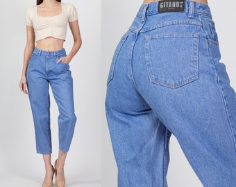 Small 90s Gitano High Waist Jeans Petite 25.5" | Vintage Tapered Leg Short Inseam Bright Blue Mom Jeans