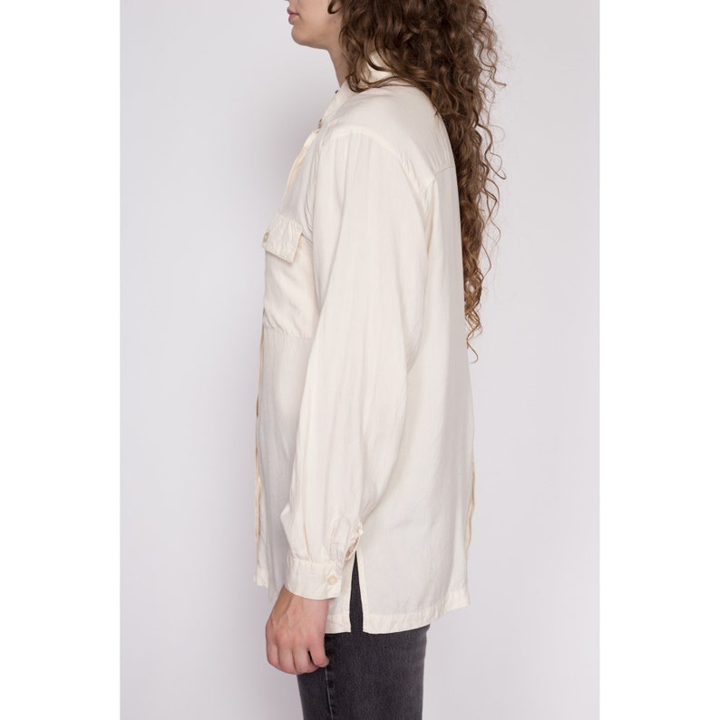 Medium 90s Ivory Silk Blouse Vintage Minimalist Long Sleeve Button Up Collared Shirt image 3