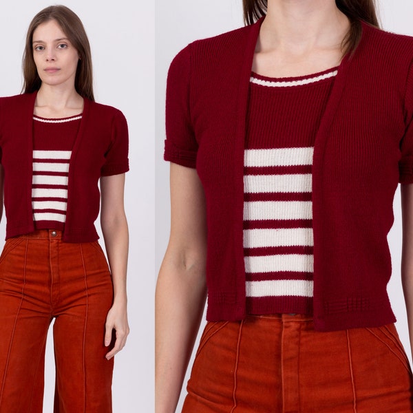 70s Wine Red Striped Knit Crop Top - Très petit | vintage Short Sleeve Mock Jacket Chemise Cropped