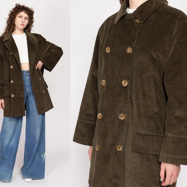 Med-Lrg 80s Harve Bernard Olive Green Corduroy Peacoat | Vintage Oversize Double Breasted Collared Jacket