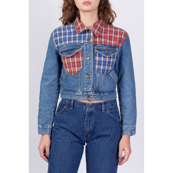 Small 90s Flannel Trim Cropped Denim Jacket | Vin… - image 2