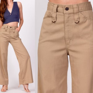 70s High Waisted Khaki Twill Flared Pants Extra Small, 24 Vintage H.I.S. Retro Flares Hippie Trousers image 1