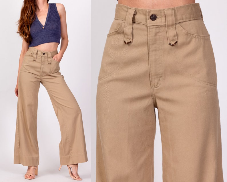 70s High Waisted Khaki Twill Flared Pants Extra Small, 24 Vintage H.I.S. Retro Flares Hippie Trousers image 1