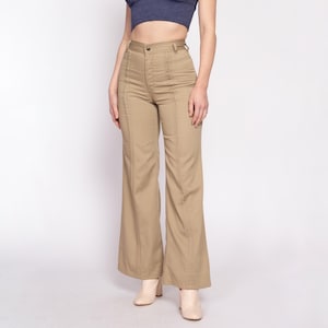70s Khaki Saddleback Flared Pants - Small, 25.5&quot; | Vintage High Waisted Bell Bottoms Retro Trousers
