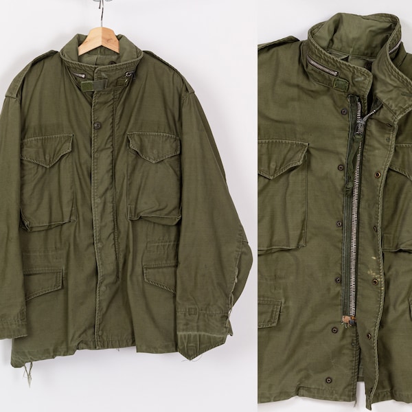 Medium 60s 70s M65 Hooded Army Field Jacket Men's | Vintage Olive Drab Vietnam Era Military M-65 Coat