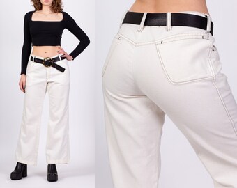 34" Waist 70s White Contrast Stitch Trousers Unisex | Vintage Mid Rise Retro Straight Leg Pants