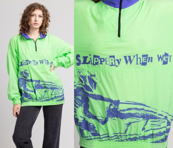 90s Slippery When Wet Neon Green Windbreaker XL |… - image 1