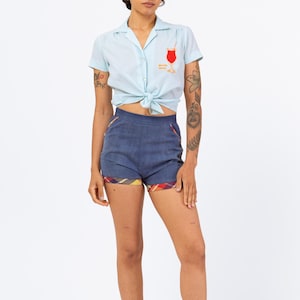 Vintage 50s Chambray Plaid Trim Shorts - Extra Small, 25&quot; Waist | High Rise Pinup Rockabilly Denim, Distressed Festival Bottoms
