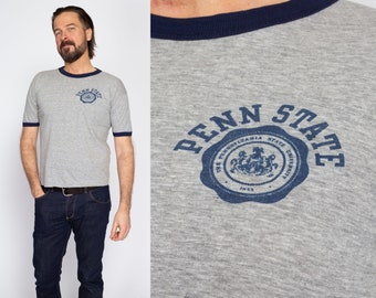 Medium 70s Penn State Champion Ringer T Shirt | Vintage Distressed Heather Grey Pennsylvania University Graphic Tee