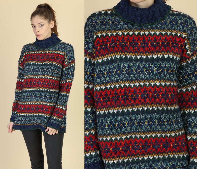 Medium 90s Lizwear Mohair Turtleneck Sweater Vintage Striped Knit Pullover Jumper