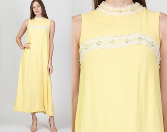 60s Yellow Lace Trim Empire Waist Maxi Dress, As Is Extra Small | Vintage Column Draped Costume Party Prom Gown