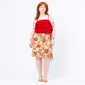 Vintage 90s Earth Tone Floral Ruffle Hem Slip Skirt - Medium | Boho Y2K Style Yellow Slinky Knee Length Asymmetrical Skirt