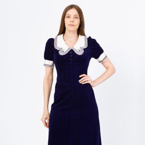 Vintage 70s Navy Blue Velour Sailor Collar Maxi Dress - Extra Small | Gothic A Line Babydoll Gown, Romantic Dark Academia Party Dress