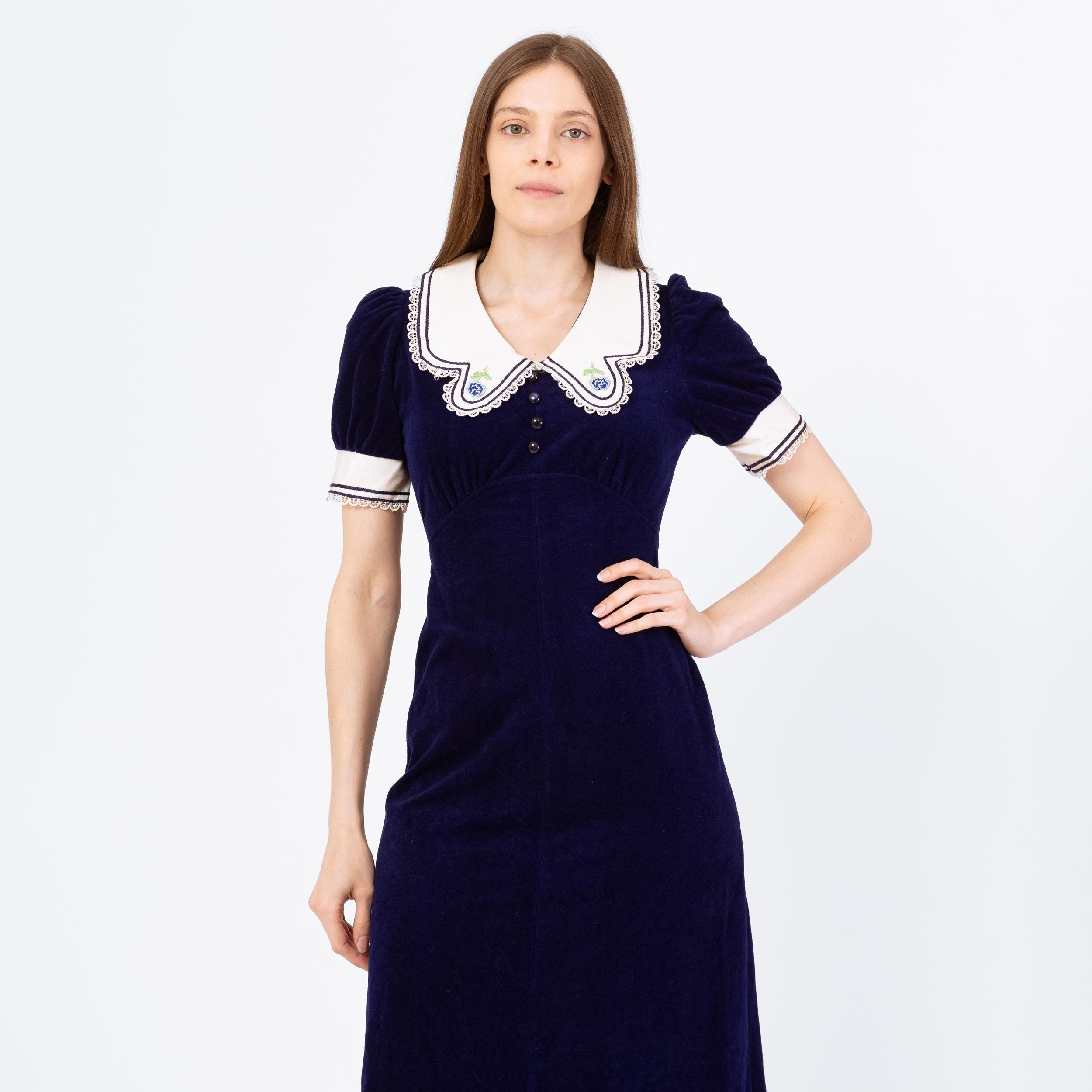 Vintage 70s Navy Blue Velour Sailor Collar Maxi Dress - Extra