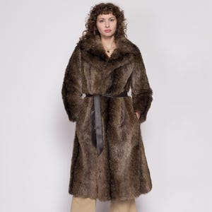 XS 70s Brown Faux Fur Belted Coat | Vintage Glam Long Winter Teddy Jacket