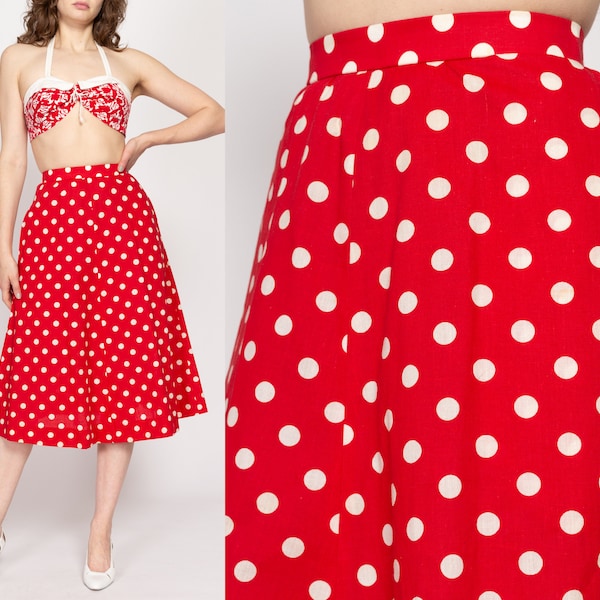 XS Retro 1950s Red & White Polka Dot Midi Skirt 24.5" | Vintage 50s High Waisted Full Swing Skirt