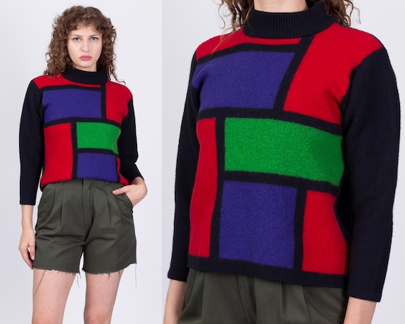 FlyingAppleVintage 80s Mondrian Lambswool Knit Cropped Sweater - Petite Small | Vintage Liz Claiborne Color Block Pullover Jumper