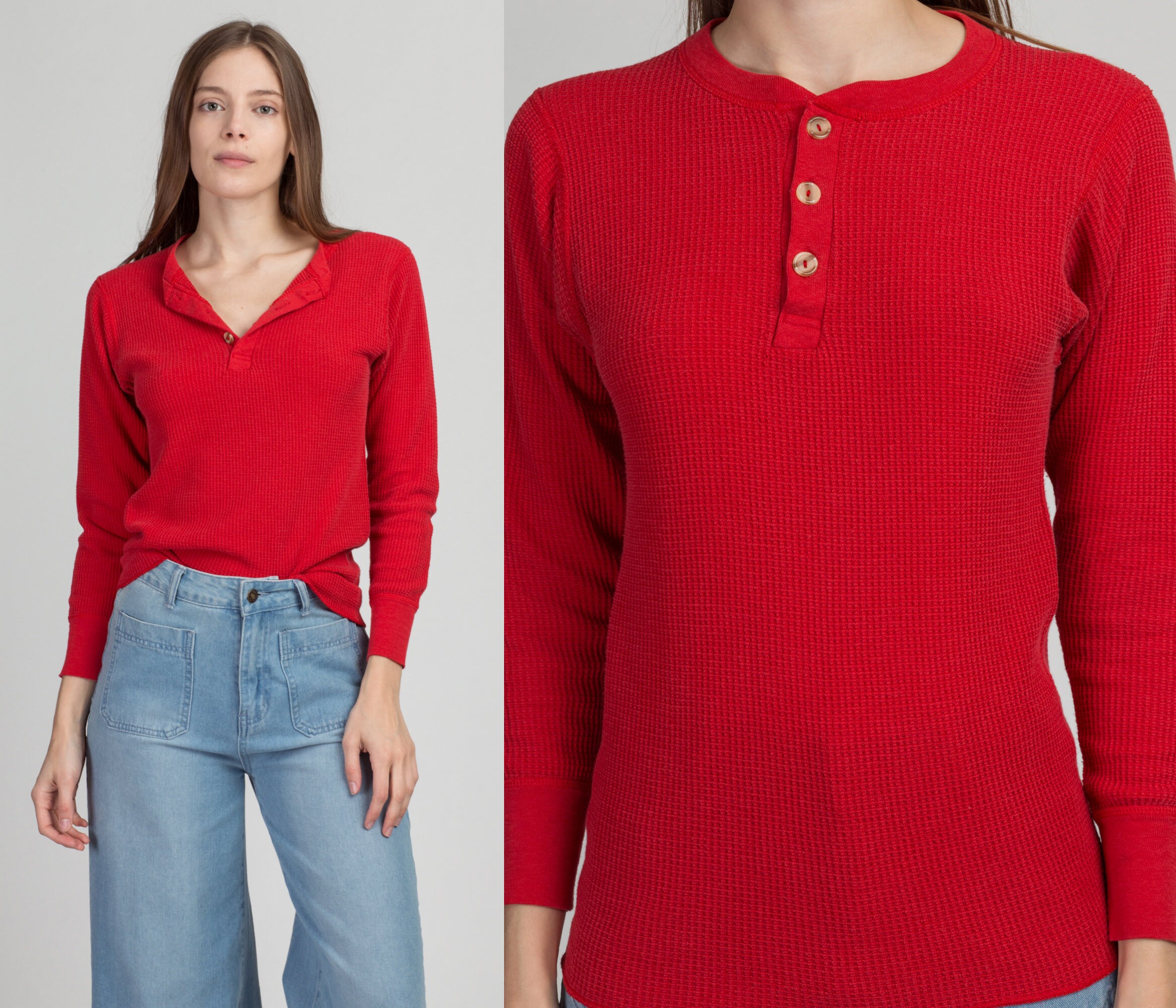 80s Red Waffle Knit Henley Shirt Men's 