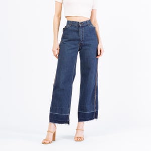 Vintage 70s Levis High Waisted Straight Leg Button Pocket Jeans - Small to Medium, 28&quot; Waist | Boho Levi’s Piped Trim Dark Wash Denim