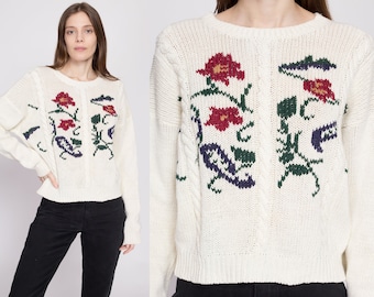 90s White Floral Cable Knit Sweater Medium | Vintage Slouchy Knit Cotton Ramie Pullover Jumper