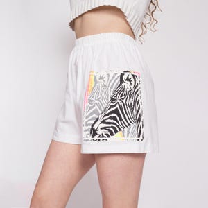 Medium 90s Zebra Graphic Cotton Shorts | Vintage White High Rise Elastic Waist Casual Beach Surf Shorts